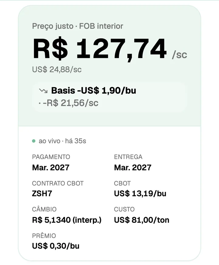 Calculadora do Agrino mostrando o preço justo em reais por saca