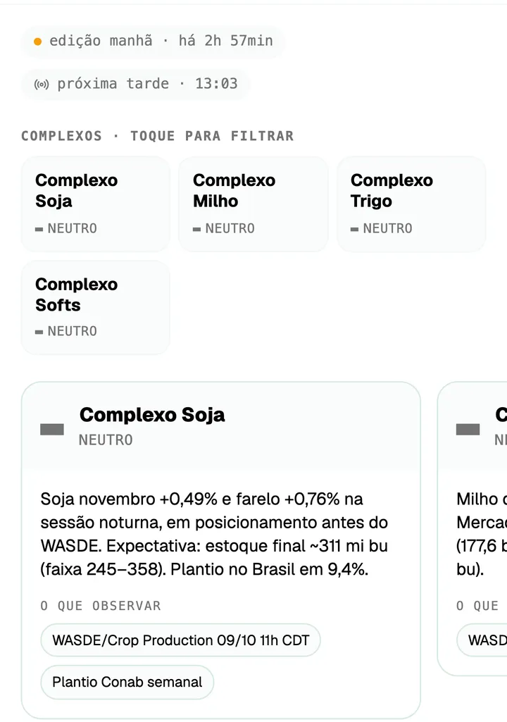 Tela de Notícias do Agrino com a edição da manhã e os complexos